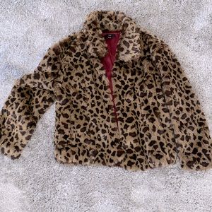 Leopard print faux fur mid coat